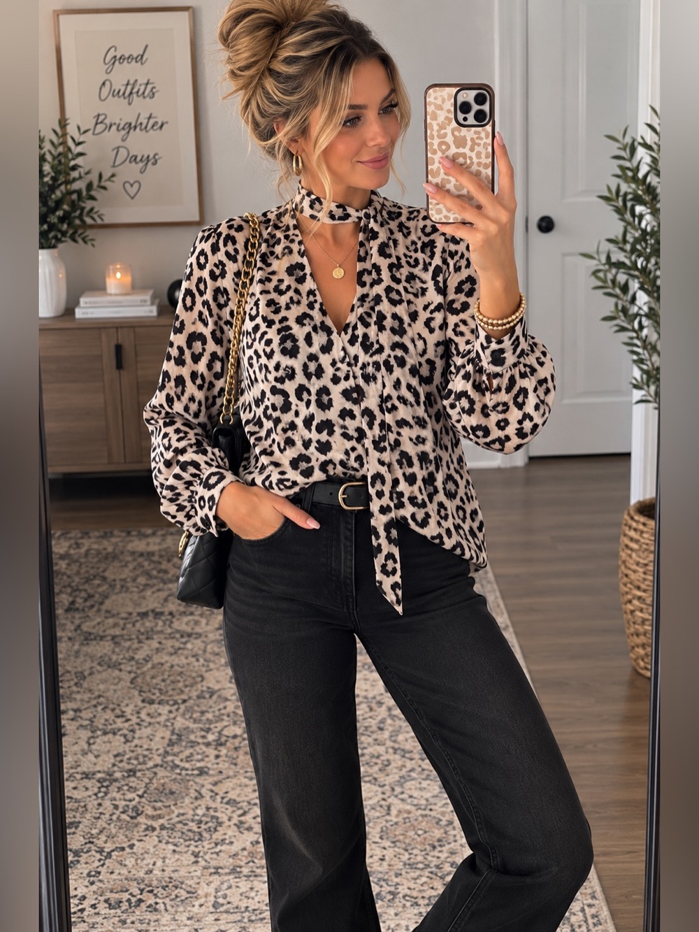 Express Portofino Leopard Print Tie Neck Blouse Large Removable Bow
